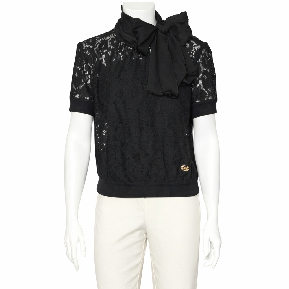 DOLCE & GABBANA Lace Blouse Bow Scarf Collar Tie Neck Black Short Sleeve Crop 44 - Picture 2 of 9